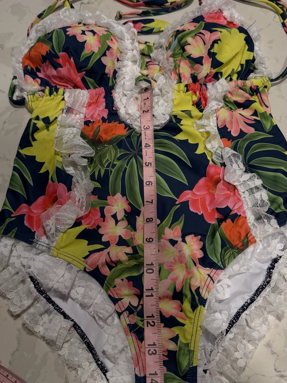 Lace-Trim Floral Halter One-Piece Sexy Swimsuit - Picture 9 of 11